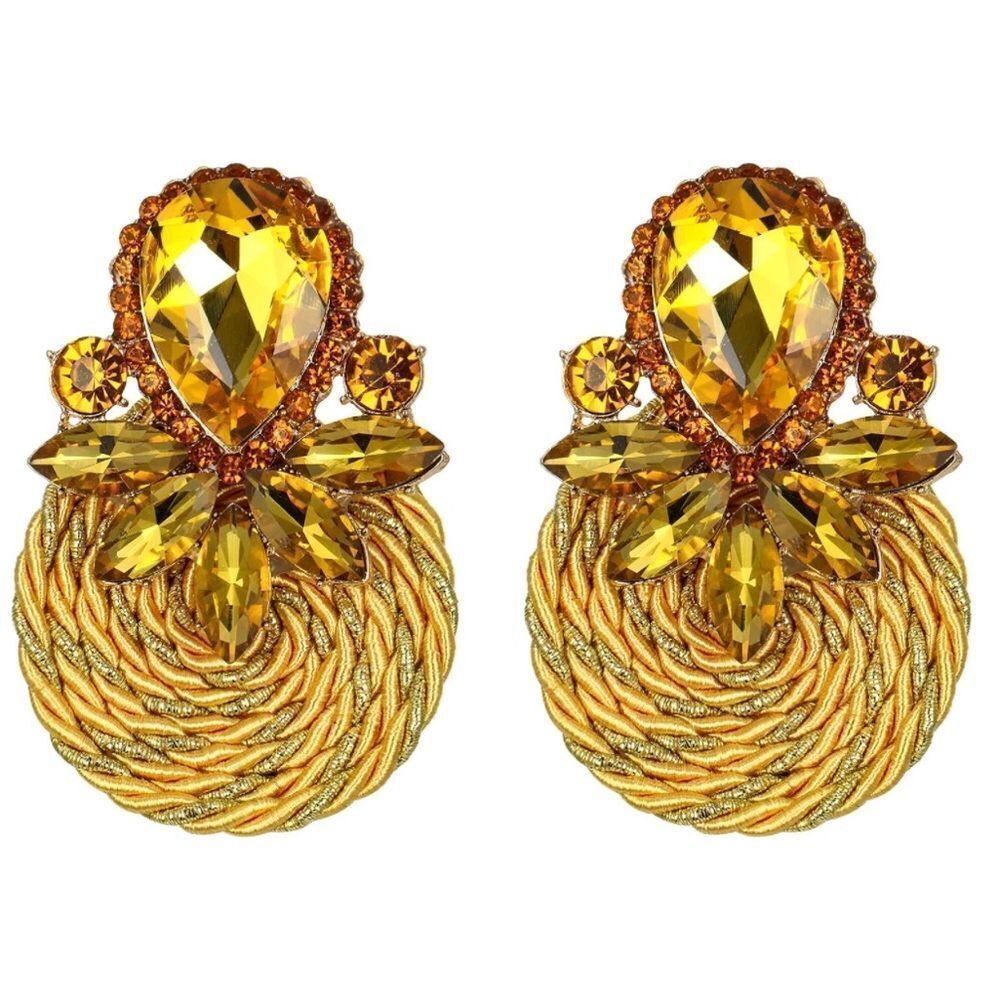Yellow Gold with Citrine Crystal Floral Cluster Rattan Post Statement Earrings